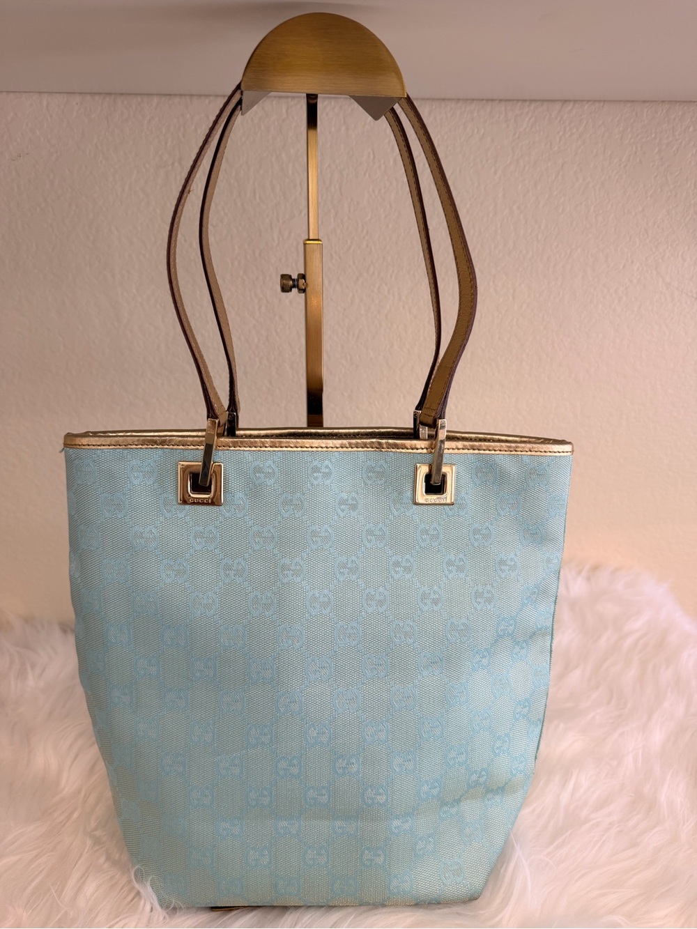 Light Blue Logo-Pattern Tote Bag with Gold Trim